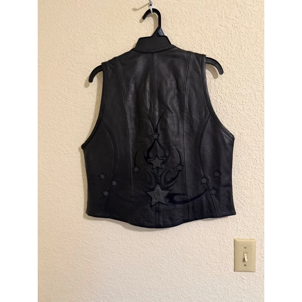 First Classics Black‎ Leather Motorcycle Vest Star Tribal Embroidery L 580 Mens